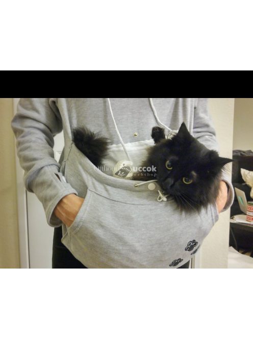Macskahordozó pulóver beépített cicahordozó zsebbel, macskás dizájnnal