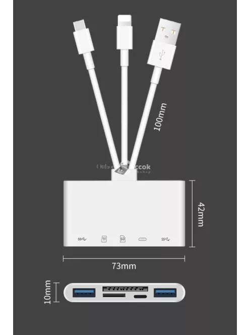 Multifunkcionális kártyaolvasó háromféle USB adatkábellel, adatátvitelhez és eszközök csatlakoztatásához