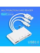 Multifunkcionális kártyaolvasó háromféle USB adatkábellel, adatátvitelhez és eszközök csatlakoztatásához