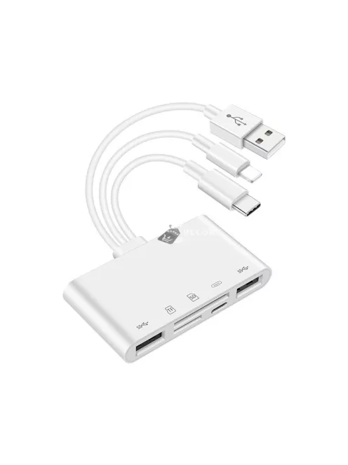Multifunkcionális kártyaolvasó háromféle USB adatkábellel, adatátvitelhez és eszközök csatlakoztatásához