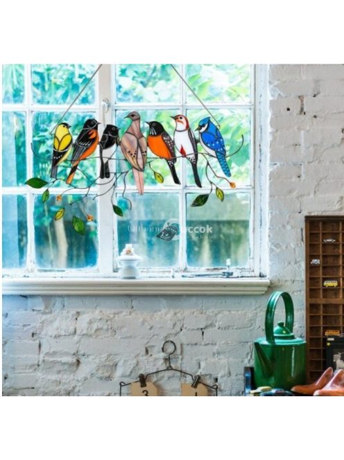 Színes, festett műanyag dekorációs madarak készlet, 7 darabos