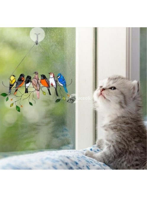 Színes, festett műanyag dekorációs madarak készlet, 7 darabos