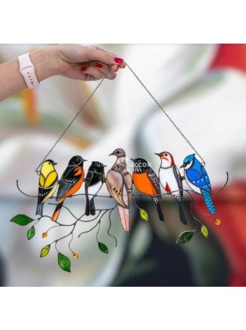 Színes, festett műanyag dekorációs madarak készlet, 7 darabos