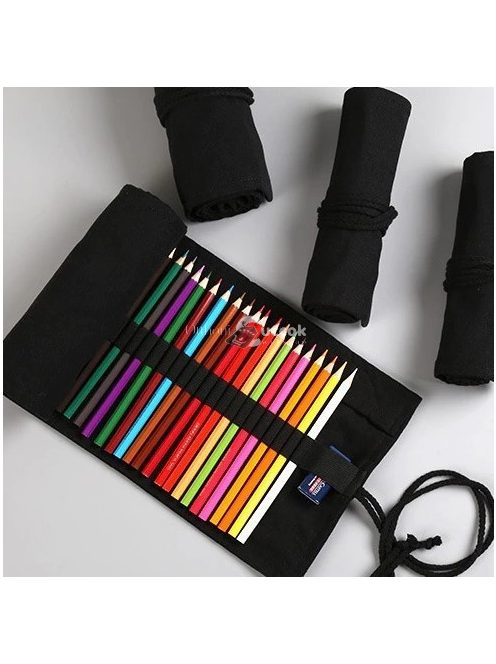 Fekete feltekerhető tolltartó iskolai és irodai használatra