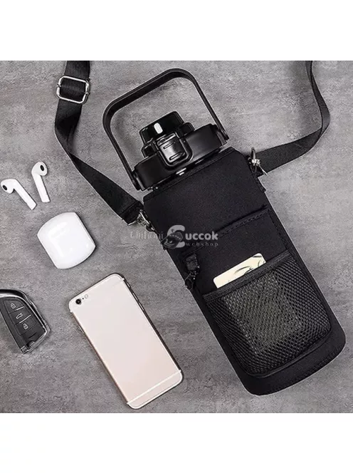 Vizes kulacs kulacstartó táskával, fekete színű, sportoláshoz és túrázáshoz alkalmas