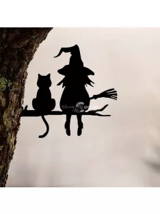   Fára szerelhető boszorkány és macskája kerti dekoráció figura kültéri használatra