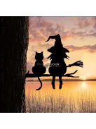 Fára szerelhető boszorkány és macskája kerti dekoráció figura kültéri használatra