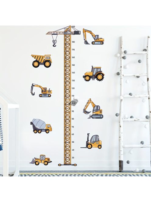 Magasságmérő falmatrica gyerekszobába, munkagépes dizájnnal