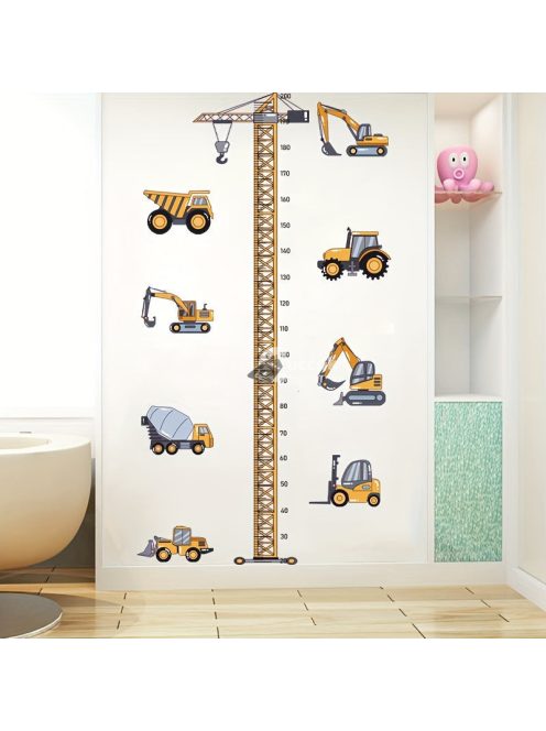 Magasságmérő falmatrica gyerekszobába, munkagépes dizájnnal
