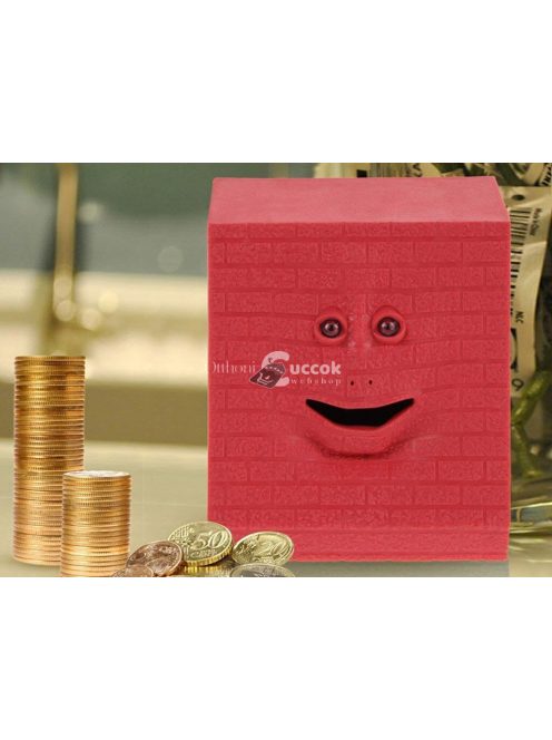 Pénzevő persely arckifejezéssel, piros színű, interaktív pénzgyűjtő játék gyerekeknek