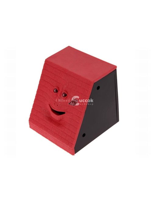 Pénzevő persely arckifejezéssel, piros színű, interaktív pénzgyűjtő játék gyerekeknek