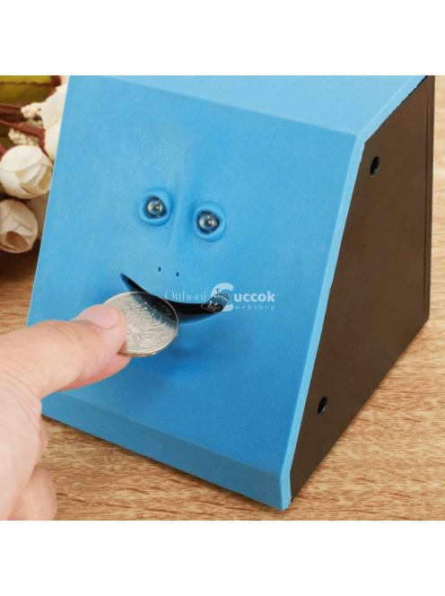 Pénzevő persely arckifejezéssel, piros színű, interaktív pénzgyűjtő játék gyerekeknek