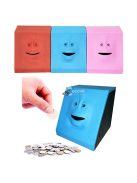 Pénzevő persely arckifejezéssel, piros színű, interaktív pénzgyűjtő játék gyerekeknek