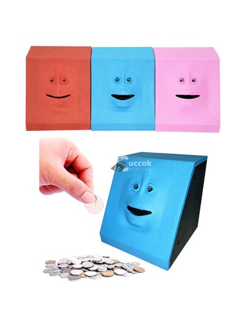 Pénzevő persely arckifejezéssel, piros színű, interaktív pénzgyűjtő játék gyerekeknek