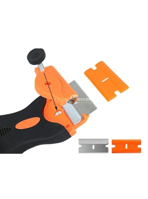 Többcélú kaparó eszköz kétféle pengével, citromsárga színben, különböző felületek tisztításához és karbantartásához