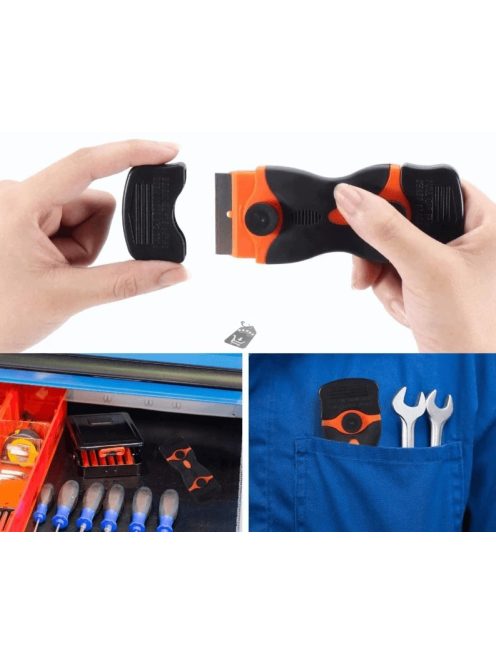 Többcélú kaparó eszköz kétféle pengével, citromsárga színben, különböző felületek tisztításához és karbantartásához