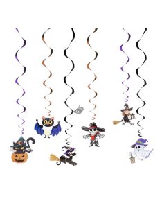   Halloween-i dekorációs szett - 6 különböző motívummal és csillogó spirál akasztóval ünnepi díszítéshez