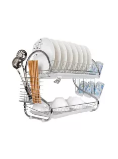   Kétszintes konyhai edényszárító rozsdamentes acélból, praktikus tányér- és pohártartóval