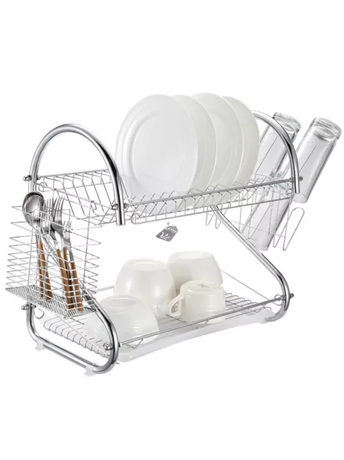Kétszintes konyhai edényszárító rozsdamentes acélból, praktikus tányér- és pohártartóval
