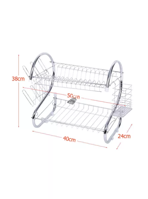 Kétszintes konyhai edényszárító rozsdamentes acélból, praktikus tányér- és pohártartóval