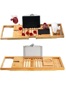   Bambusz fürdőkád tálca - Állítható és természetes anyagú fürdőszobai kiegészítő könyvtartóval és pohártartóval