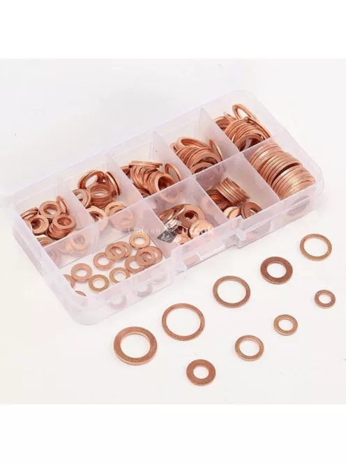 Réz tömítő alátét készlet, 200 db-os, átlátszó tárolódobozban