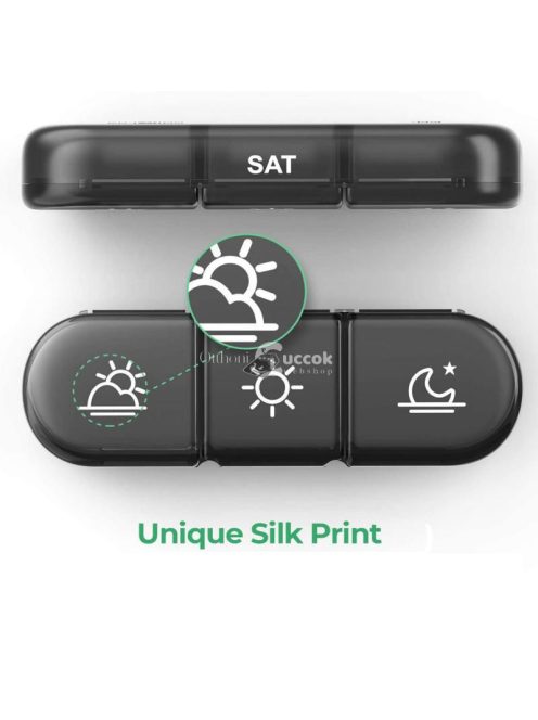 Hordozható fekete műanyag gyógyszeres doboz utazáshoz és napi gyógyszeradagoláshoz