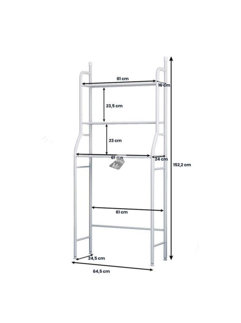 Többszintes tárolópolc rendszer mosógép fölé, helytakarékos fürdőszobai megoldás