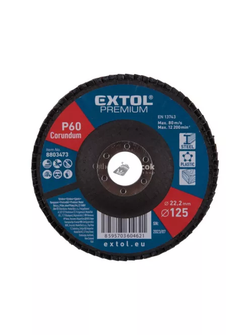 EXTOL PREMIUM lamellás csiszolókorong acél, alumínium, műanyag és fa munkadarabok csiszolására, 125×22mm; P40 szemcseméret, kúpos kialakítás, max. 12.300 ford./perc, E típus