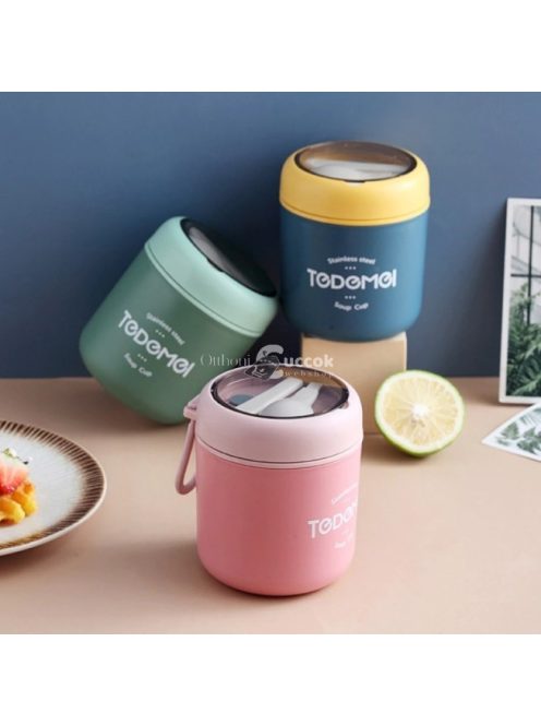 Rozsdamentes acél ételhordó termosz beépített kanállal, hőtartó ételtároló edény piknikhez és utazáshoz
