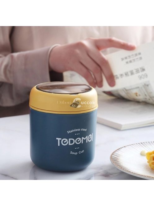 Rozsdamentes acél ételhordó termosz beépített kanállal, hőtartó ételtároló edény piknikhez és utazáshoz