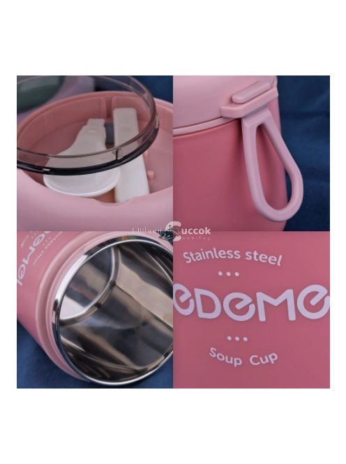 Rozsdamentes acél ételhordó termosz beépített kanállal, hőtartó ételtároló edény piknikhez és utazáshoz