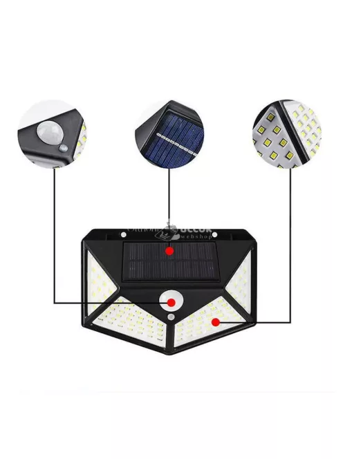 100 LED-es napelemes kültéri fali lámpa mozgásérzékelővel és 4 LED panellel