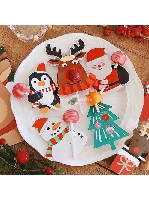 100 db-os karácsonyi nyalóka tartó kártya - Mikulás, pingvin, hóember mintás ünnepi dekorációs csomagoló kiegészítő