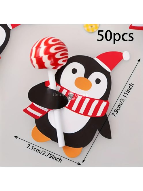 100 db-os karácsonyi nyalóka tartó kártya - Mikulás, pingvin, hóember mintás ünnepi dekorációs csomagoló kiegészítő