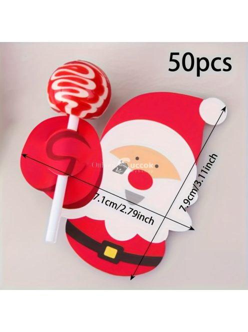 100 db-os karácsonyi nyalóka tartó kártya - Mikulás, pingvin, hóember mintás ünnepi dekorációs csomagoló kiegészítő