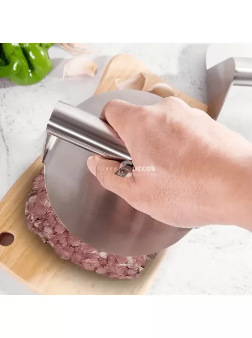Rozsdamentes acél hamburgerprés Smash burger készítéshez, tartós és könnyen tisztítható kialakítással