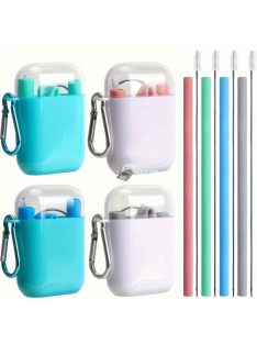   4db Szilikon Újrahasználható Szívószál Készlet Hordozható Tokkal, Kék Színben - 4db/készlet