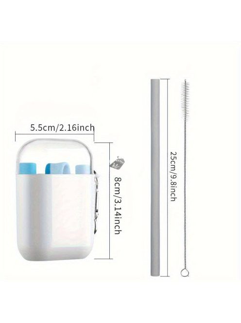 4db Szilikon Újrahasználható Szívószál Készlet Hordozható Tokkal, Kék Színben - 4db/készlet