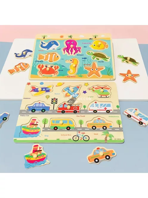 Montessori fejlesztő fa puzzle játék Járművek gyerekeknek 1