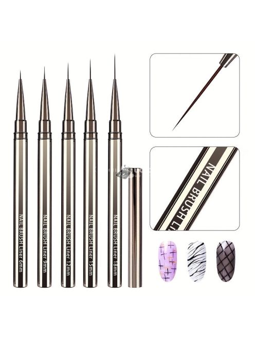 5db UV géllakk körömbélés ecsetkészlet – Rajzvonalak, Csíkfestés és Virágtoll Körömdíszítéshez, Fém fogantyús csíkozó ecsetek – 6/9/12/15/18mm méretben manikűrhöz