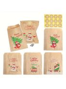 24 db Retro karácsonyi ajándék papírzacskó szett matricákkal, Mikulás, Hóember és Róka mintákkal, színes kivitelben