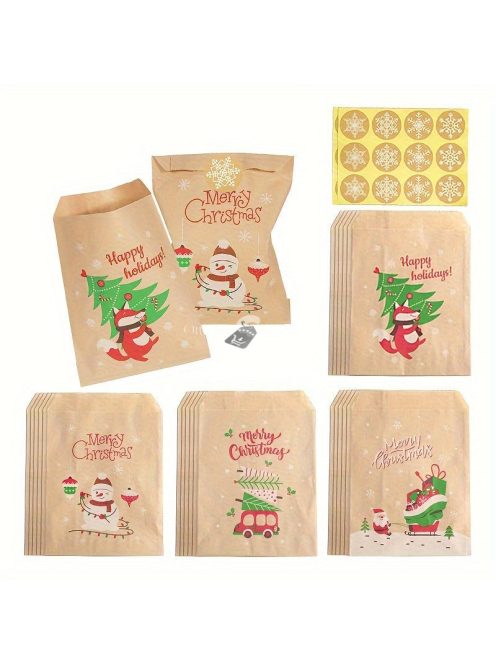 24 db Retro karácsonyi ajándék papírzacskó szett matricákkal, Mikulás, Hóember és Róka mintákkal, színes kivitelben