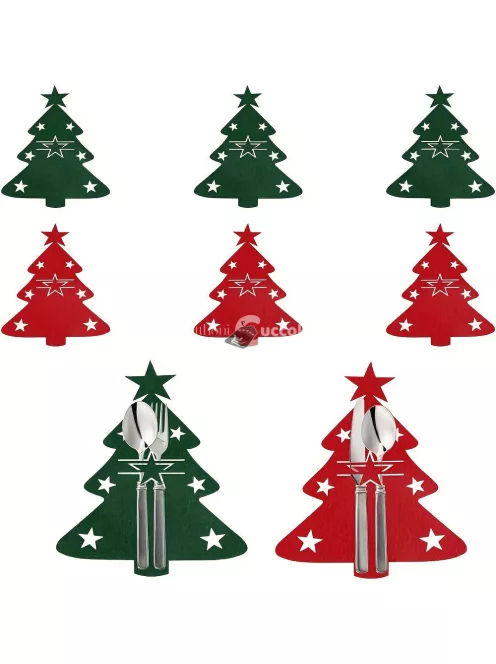 10 darab Nemez Evőeszköz Tartó Karácsonyfához, Piros és Zöld Karácsonyi Filc Evőeszköz Táska Ünnepi Vacsorapartik Dekorációhoz - Zöld