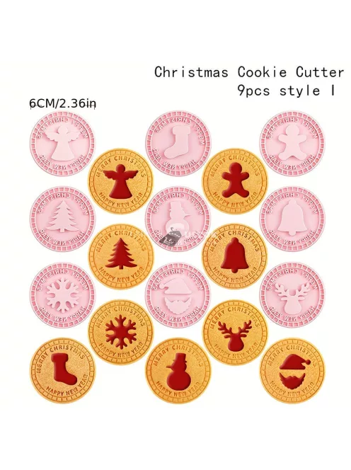 9 darabos karácsonyi 3D dombornyomó süteményvágó készlet - rajzfilm préselhető kekszformák DIY sütibélyegzők konyhai kiegészítők péksüteményekhez