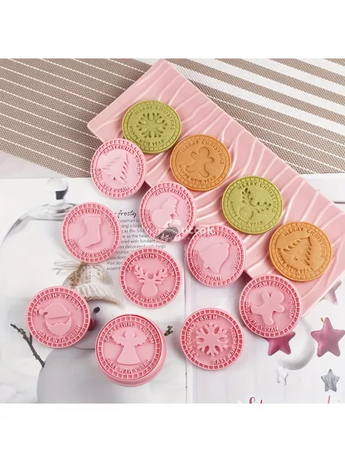 9 darabos karácsonyi 3D dombornyomó süteményvágó készlet - rajzfilm préselhető kekszformák DIY sütibélyegzők konyhai kiegészítők péksüteményekhez