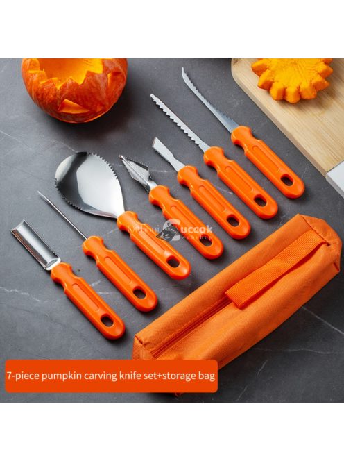 7 részes rozsdamentes acél tökfaragó késkészlet tároló táskával - Ideális Halloweeni tök dekorációhoz és faragáshoz