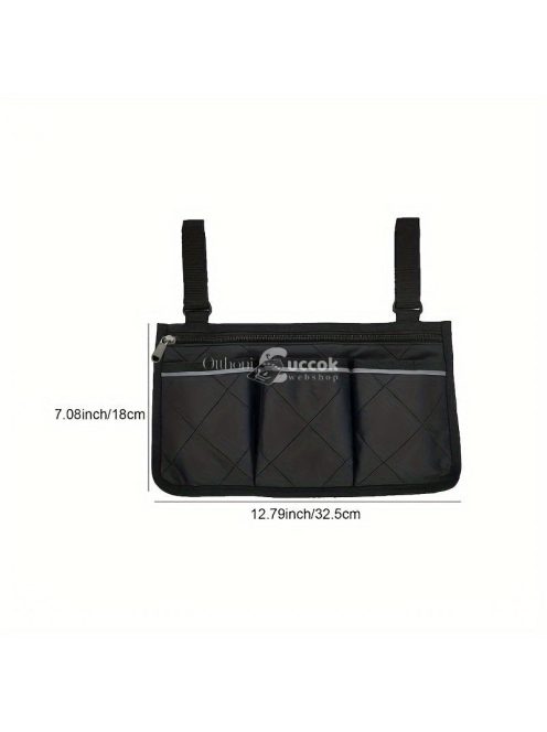 Kerekesszékes tároló táska cipzárral és állítható hevederekkel, Fekete színű, praktikus kiegészítő kerekesszékhez