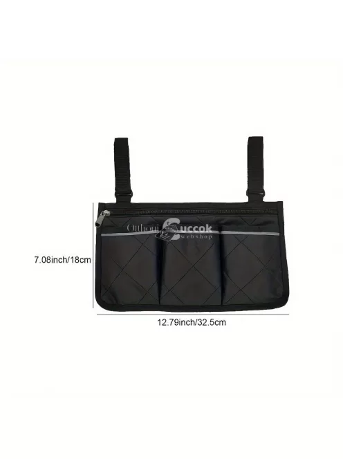 Kerekesszékes tároló táska cipzárral és állítható hevederekkel, Fekete színű, praktikus kiegészítő kerekesszékhez