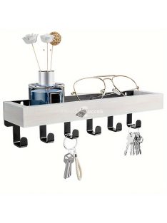   Falra szerelhető fehér fa ruhafogas kulcstartó tálcával, praktikus tárolási megoldás bejárati előszobába